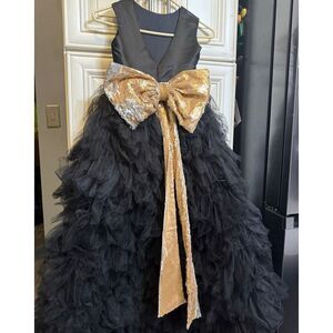 Custom Made Girl's Sequined Waist & Bow Hi-Low Hem Dress Gown Black Gold Small